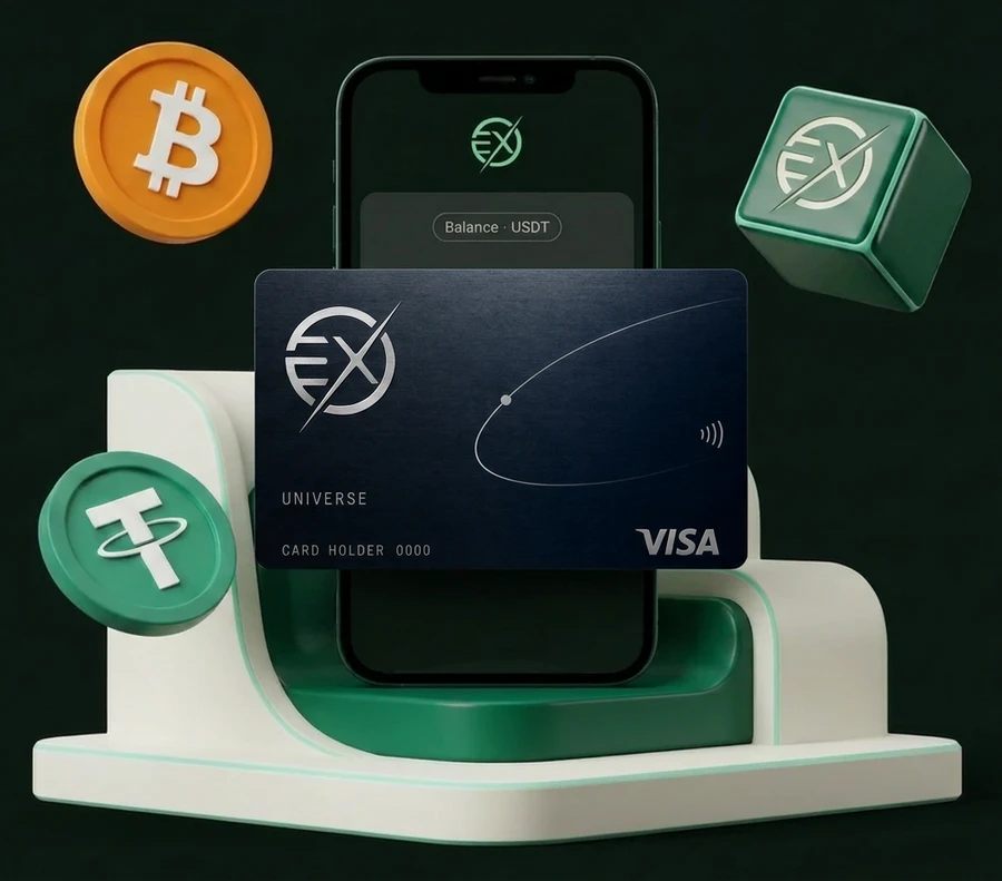 ExCards app on a phone with the Universe card in front, USDT and BTC coins around